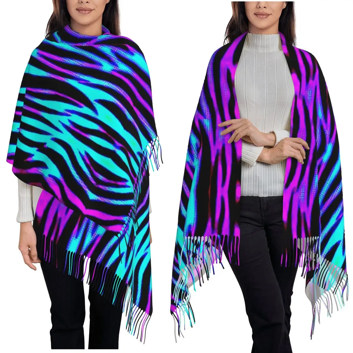 

Женский шарф с принтом зебры и геометрическим узором в полоску, шарф с кисточками, теплые шали и накидки, большая осенне-зимняя шаль
