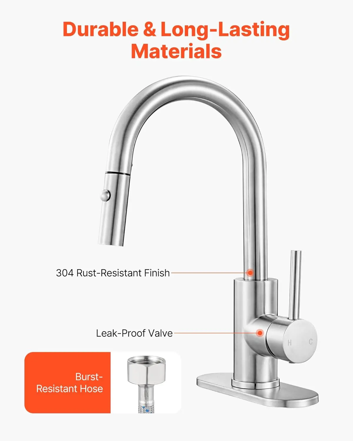 Single Handle Sink Faucet, Brushed Nickel Kitchen Faucet with Pull Down Sprayer, Suitable for Bathroom, RV, Bar Sink, Publ