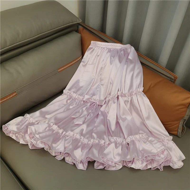 Black Pink Half Skirt Korean Style Female Long Skirts Japanese Solid Color Double Layer Vintage French Ruffled A-line Skirt