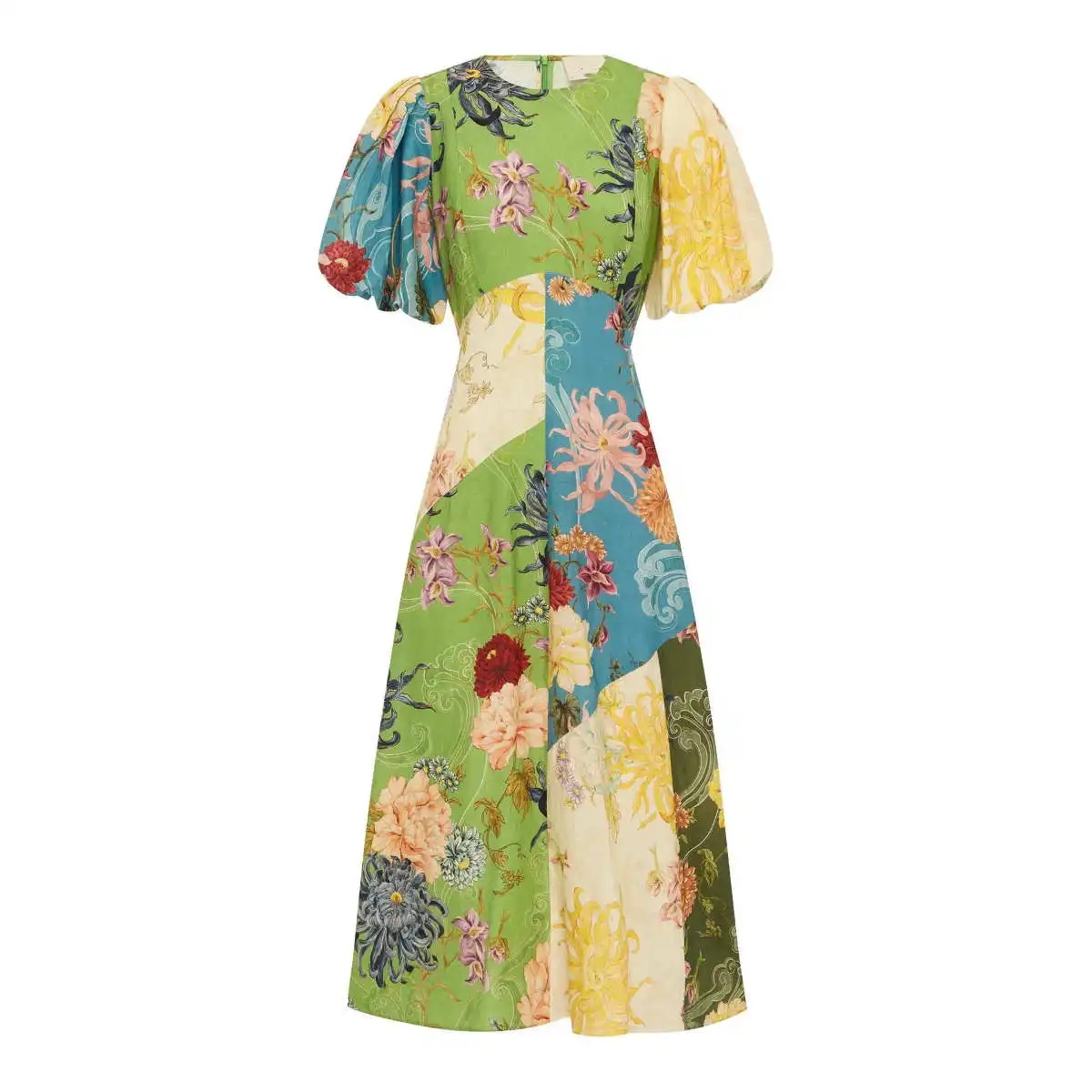 Vestido Casual de Linho com Decote Redondo, Estampa E, Saia Midi, Manga Curta, Vestido F para a Temporada de Ou...