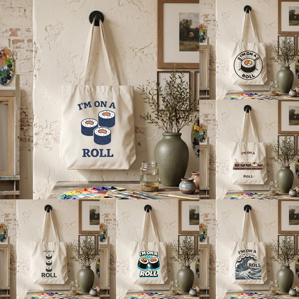 

1 Pack 35×38.5cm Soft Canvas Tote Bag, Cute Sushi Food Art Print Shoulder Bag, Lightweight Reusable Daily Handbag