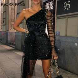 Glitter One Shoulder Sheer Mesh Ruched Long Sleeve Bodycon Dress Women Dress