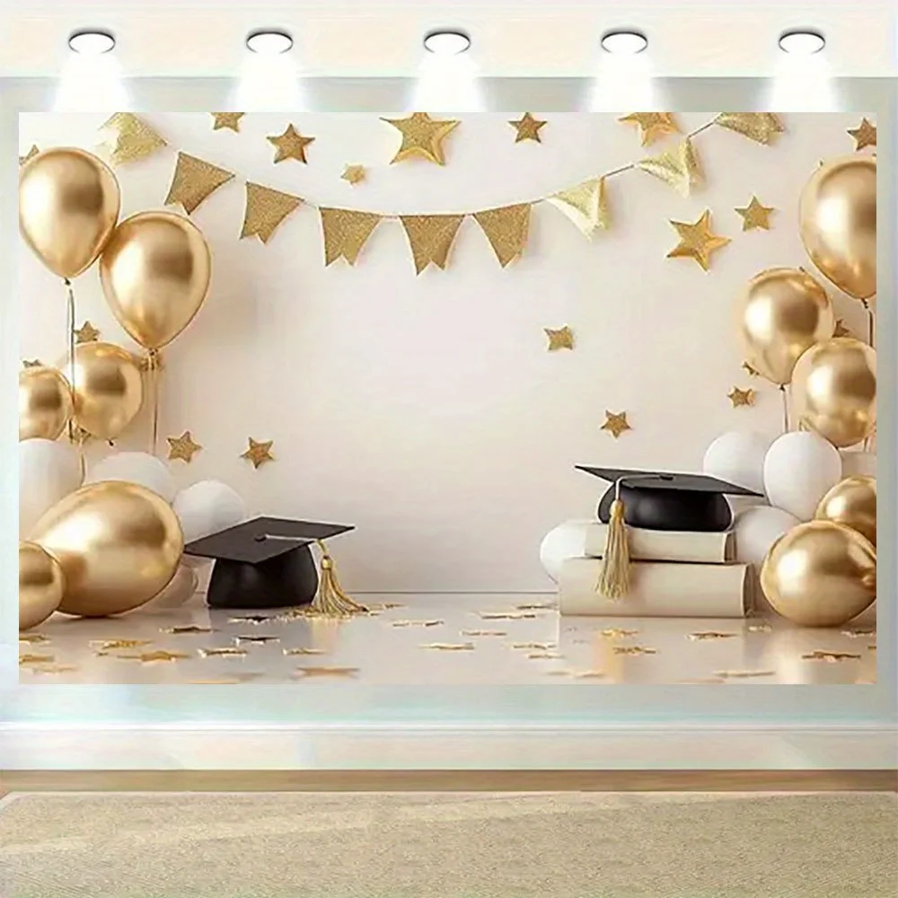 Ein 2D-Flachbanner, das für die Abschlussfeier verwendet wird, mit goldenen Luftballons, Sternen und buntem Konfetti.