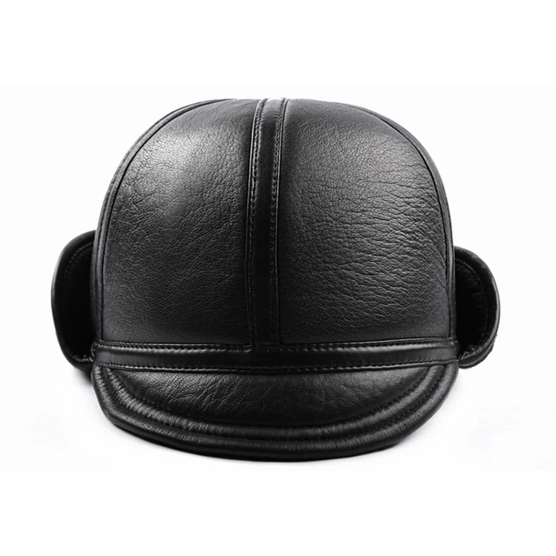 Winter Bomber Hat Men Russian Black Leather Ushanka Cap With Ear Flaps Faux Fur Warm Genuine Sheep Leather Brand Baseball Cap