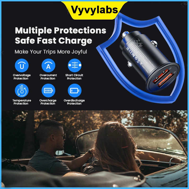 VYvylabs-Carregamento Rápido USB Um Conjunto De Carregador De Carro, Porta De Carregamento Duplo, 36W, Adequado Para Iphone 15, 14, 13, 12Pro Max, Xiaomi