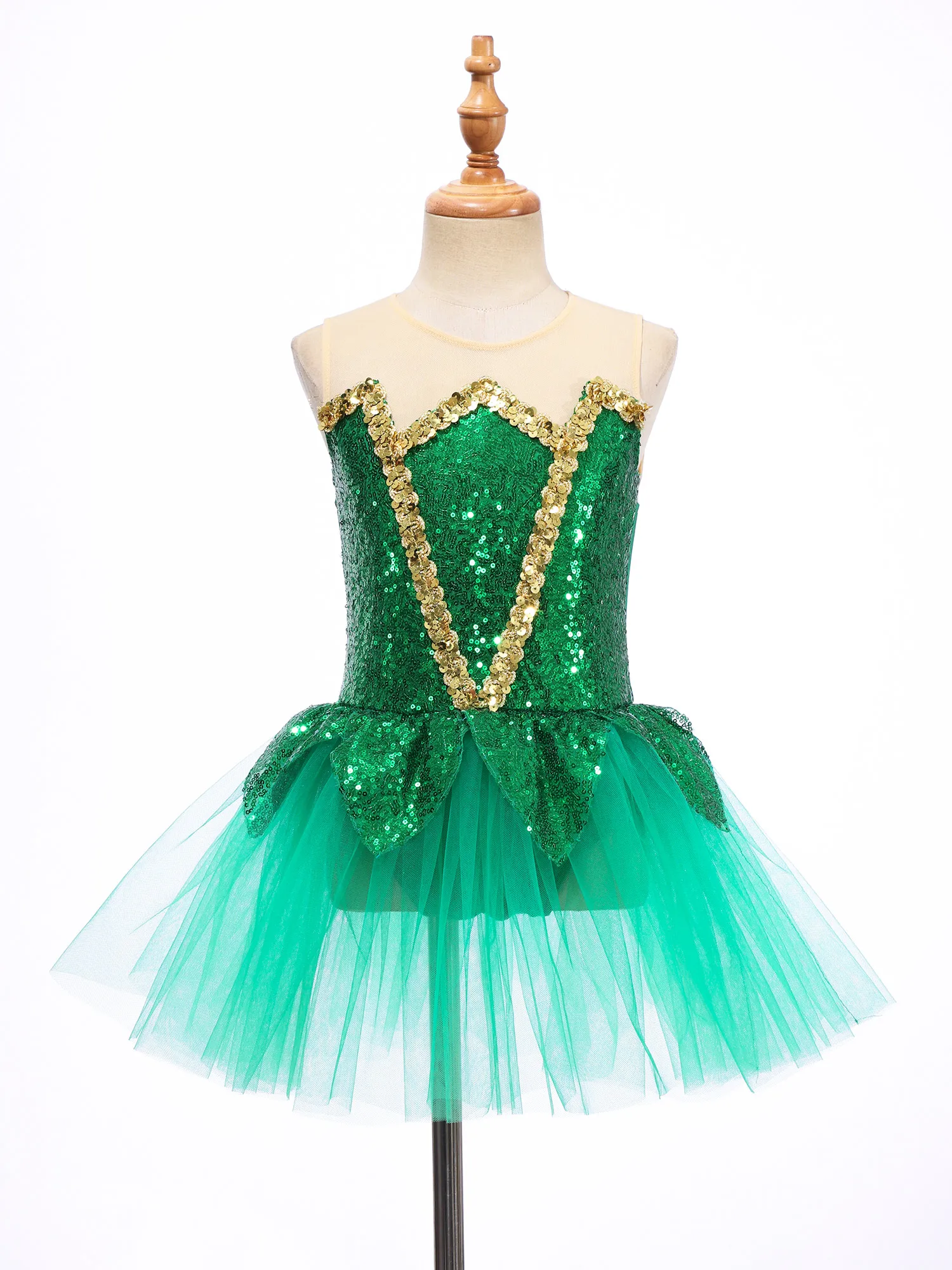 Girls Ballet Dance Dress Green Sequins Halloween Elf Mesh Tutu Gymastics Leotard Figure Skating Dance Performance Costume