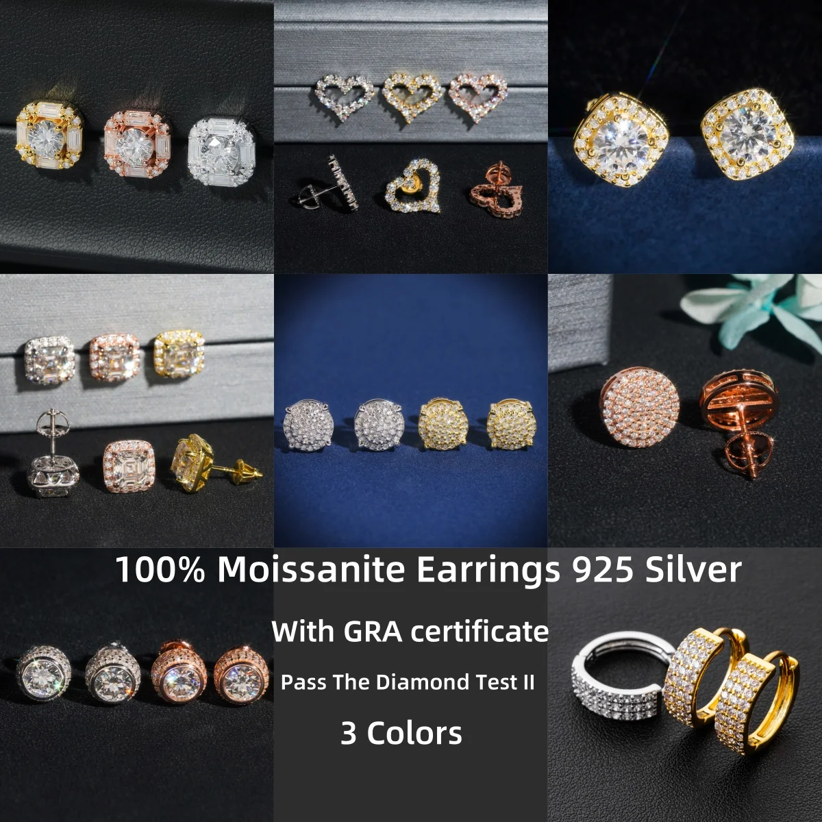 100% Real Moissanite 925 Sterling Silver With Certificate Earrings White Yellow Rose Color Stud For Top Quality Wedding Jewelry