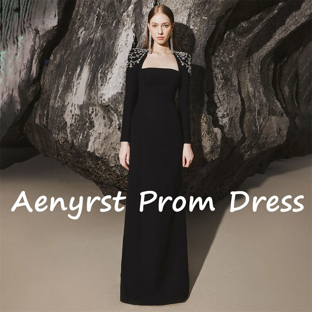 Aenyrst Long Sleeves customized Floor Length Prom Dresses Square-Neck Crystal Evening Gowns Elegant Wedding Party Formal Gowns