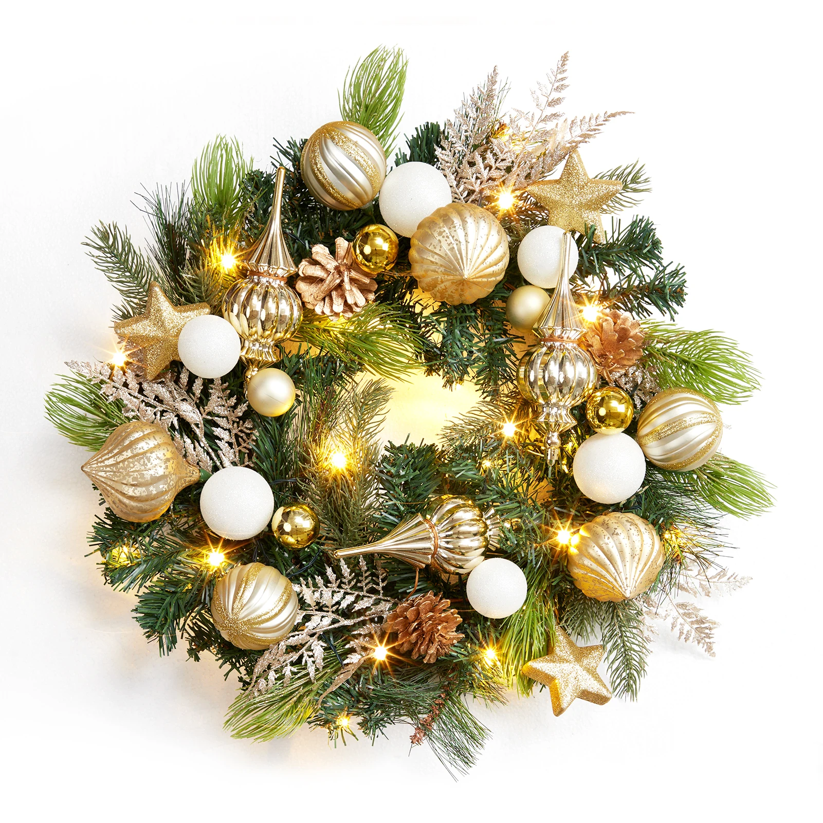 

24" Gold Christmas Wreaths with 20 LED Lights, Pre-Lit Xmas Wreath for Front Door, Lighted Christmas Wreaths with Ball Ornament