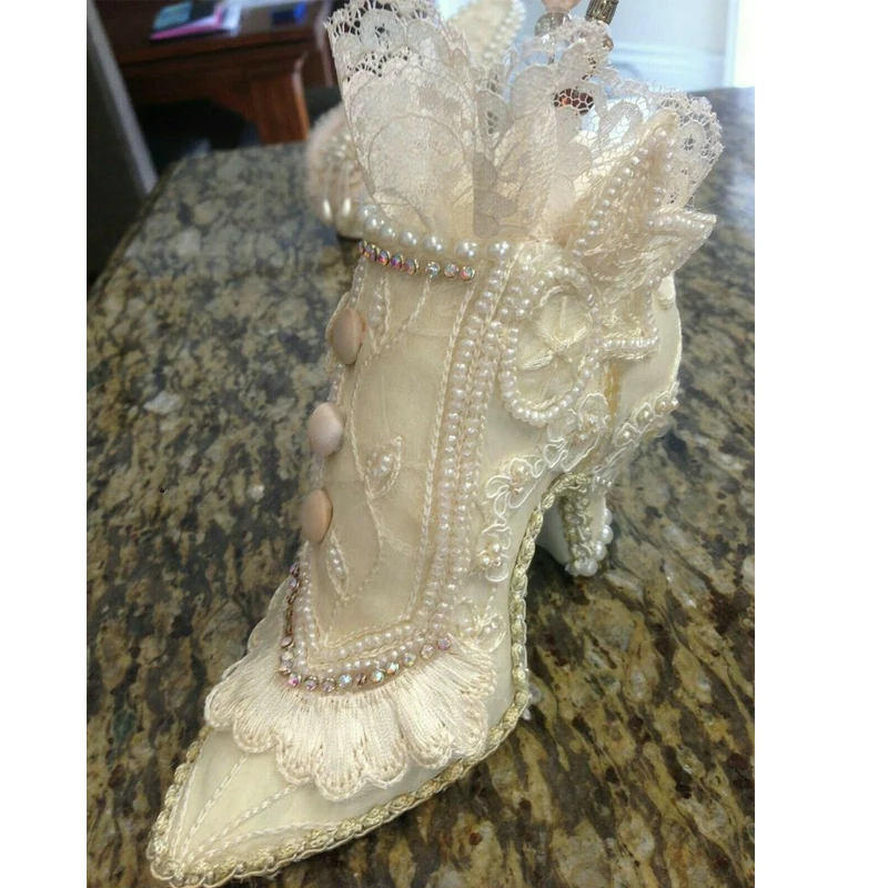 

Lace Pearl Rhinestone Embellishment Pointed Toe Pumps Woman Spring and Autumn High Heels Women's Shoes Bridal Party Lolita