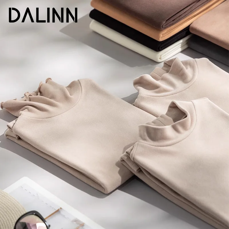 

Woman Thermal T Shirts, Pile Collar, Long Sleeved, Wool Blend Fabric, Basic Tee, 2023 Fall Winter Top, DALINN