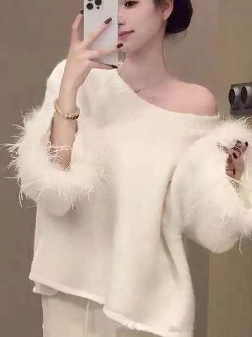 

Ladies Soft Sle Knitted Sweater Top Autumn Winter Gentle Faion Princ Sve Long Warmth Emitting Pure Color Knitwear