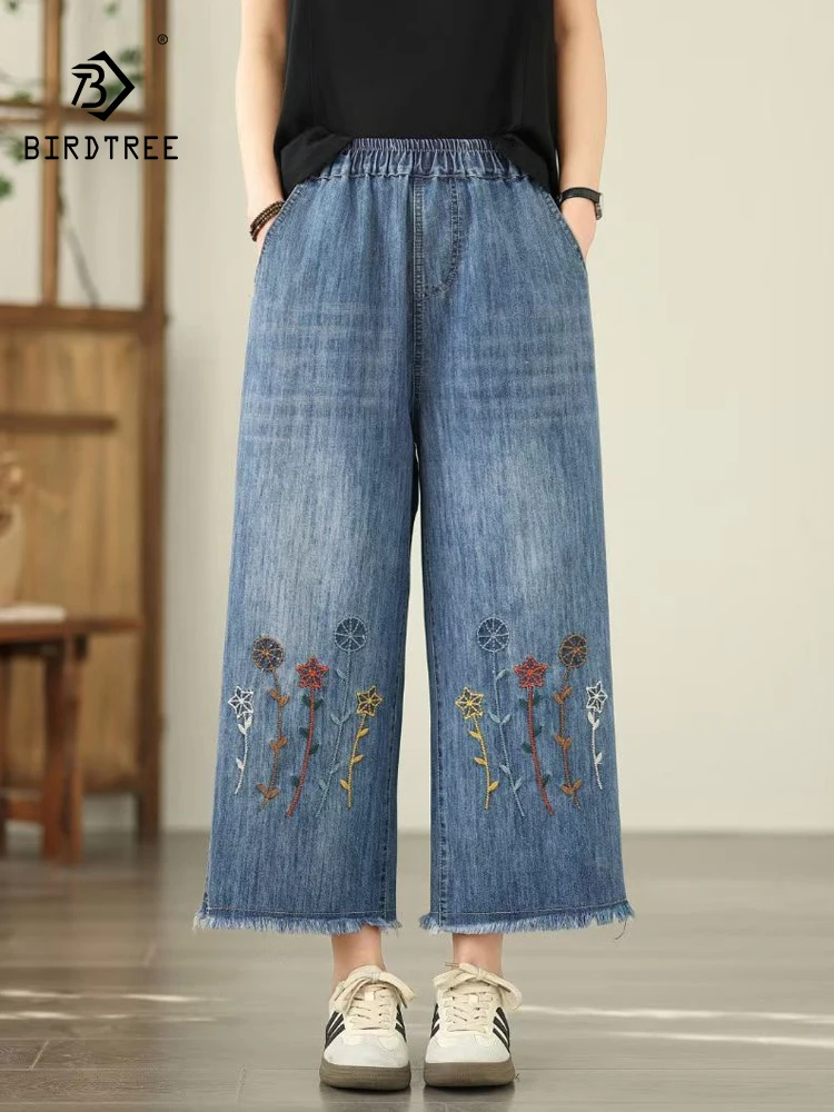 

New 2026 Summer Women Denim Trousers, Elastic Waist Floral Embroidery, Mori Girl Vintage OL Temperament Wide Leg Jeans B65460CC