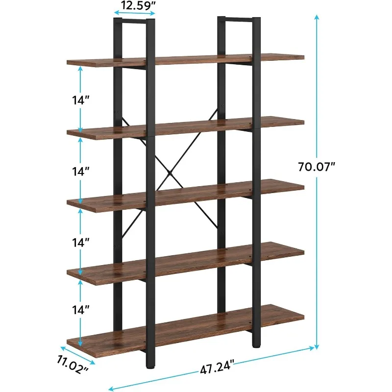 5-Tier Bookshelf, Vintage Industrial Style Bookcase 72 H x 12 W x 47L Inches