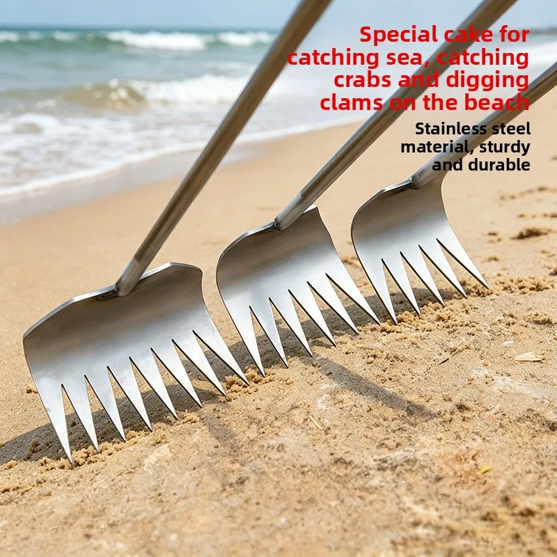Stainless Steel Clamming Rake Multi Prong Digging Extended Handle Multifunctional Beach Shellfish Clam Catching Rake