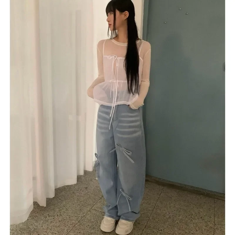 Neploe Three-Dimensional Bow Decoration Trousers Femme 2024 Autumn Winter Straight Tube Sweet E-Girls Y2K Loose Casual Jeans