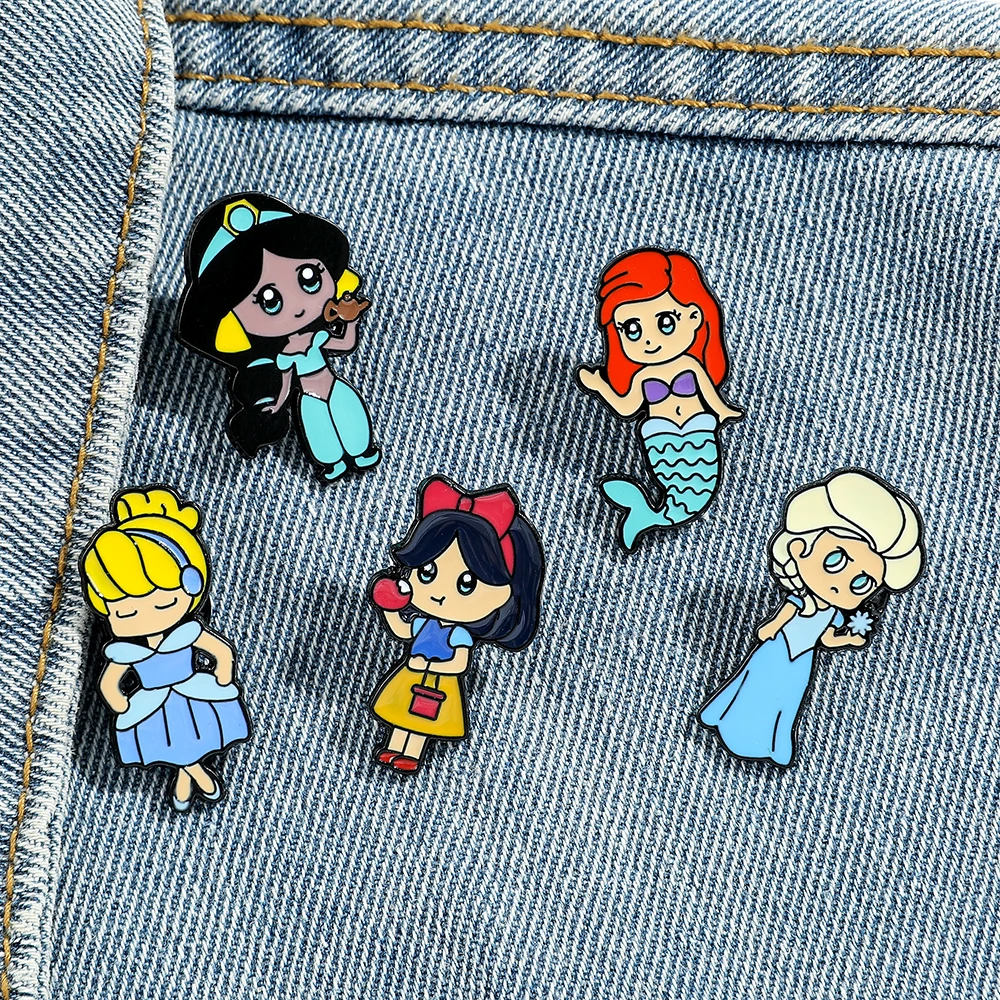 Cute Disney Princess Lapel Pins for Backpack Kawaii Snow White Elsa Ariel Brooches Girl Dress Badges Jewelry Cartoon Pins