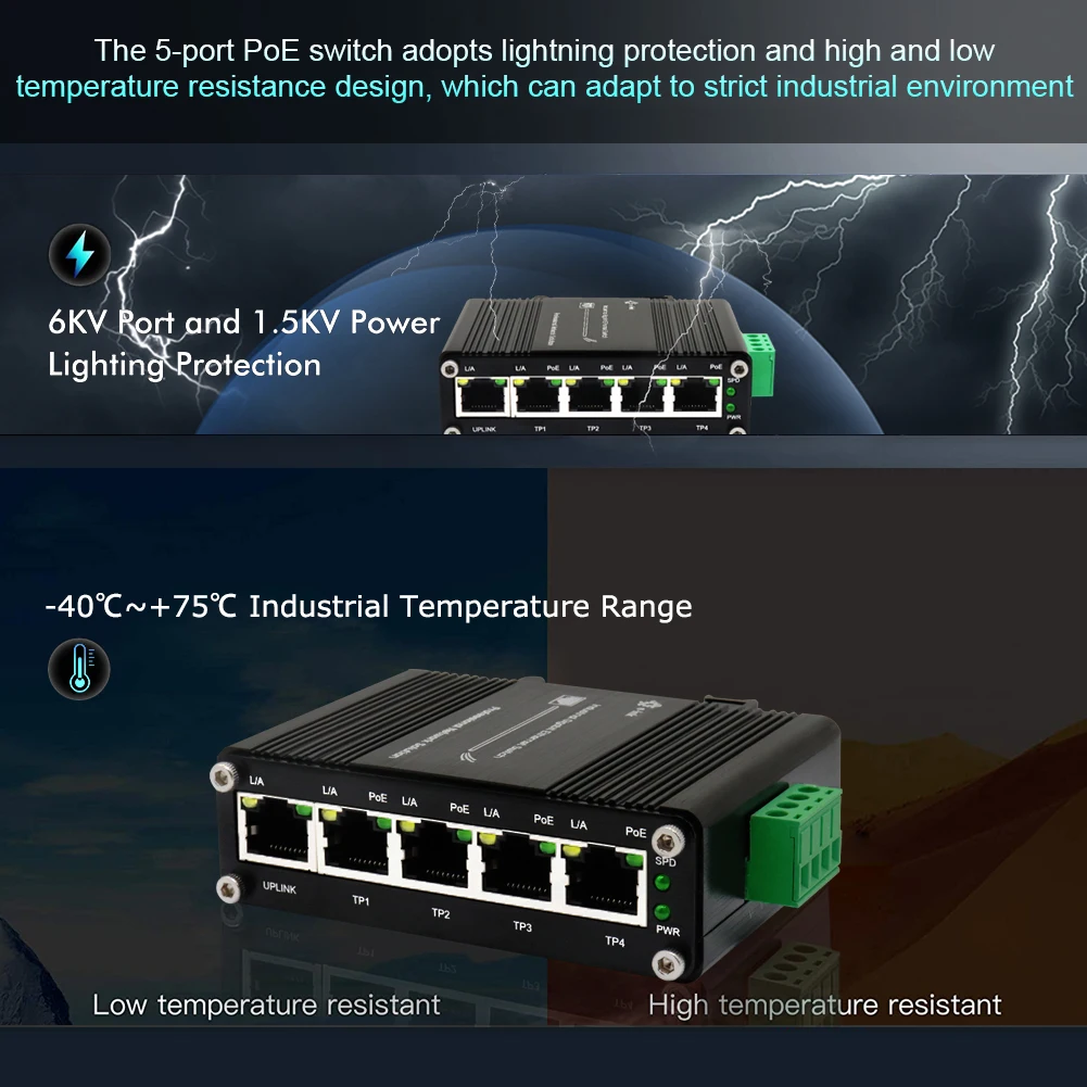 عرض خاص محول إيثرنت صغير صناعي 4-Port 10/100/1000BASE-T 802.3at PoE + 1-Port 10/100/1000T