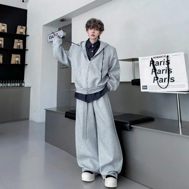 

Autumn Korean Sle Hooded Plaid irt Fake Two-Piece Sweatirt Men's Casual Wide Leg Sweatpants Set Teen Faion Ensemble