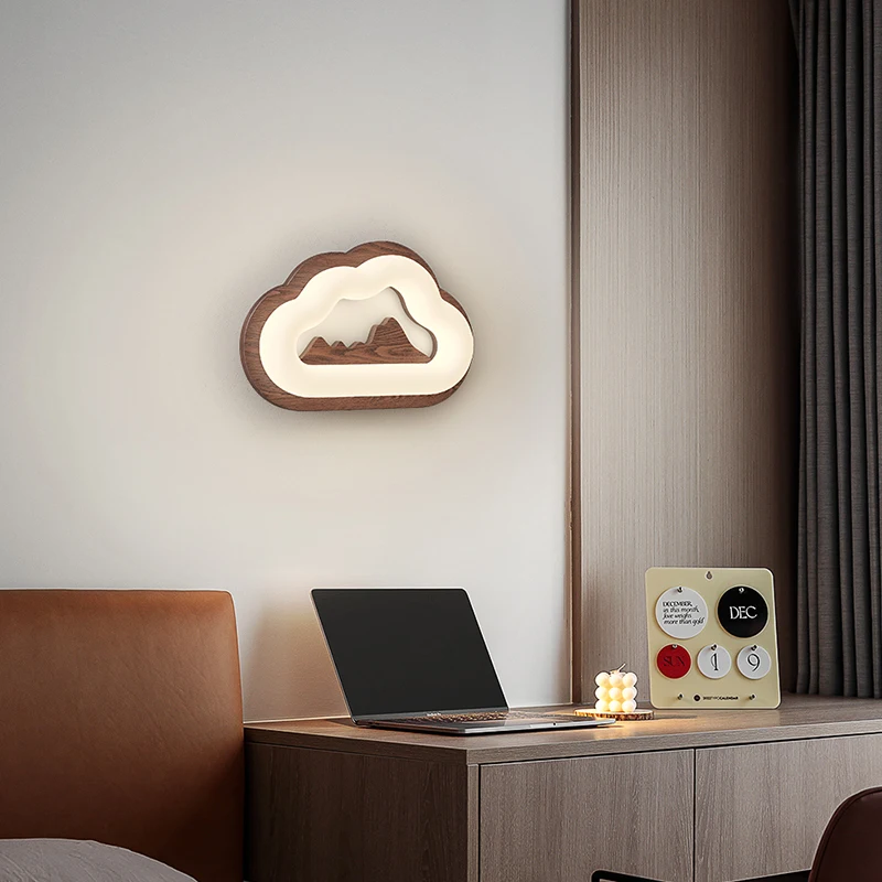 

Log Medieval Cream Wind Cloud Wall Lamp Bedroom Bedside Lamp Walnut Color Children's Room Eye Protection Background Wall Lamp