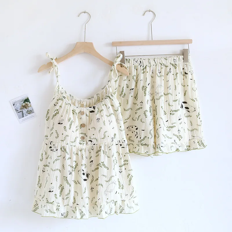 2025 New Summer Women's Pajamas Two Piece Set 100% Cotton Crepe Cloth with Chest Cushion Suspender+Shorts Set Cute Home Fury