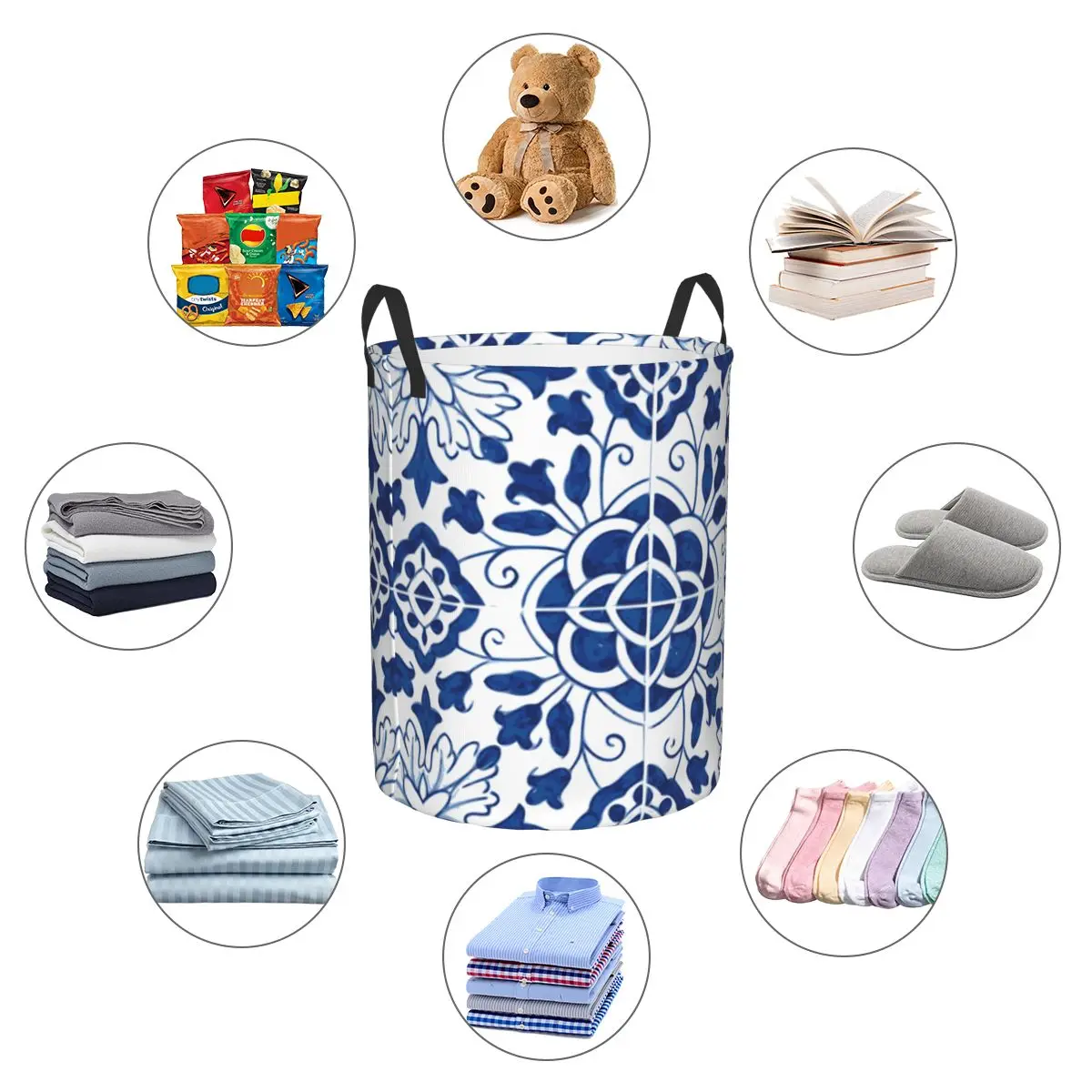 Custom Blue Portuguese Porcelain Tiles Laundry Hamper Large Storage Basket Flower Pattern Kids Nursery Toy Organizer