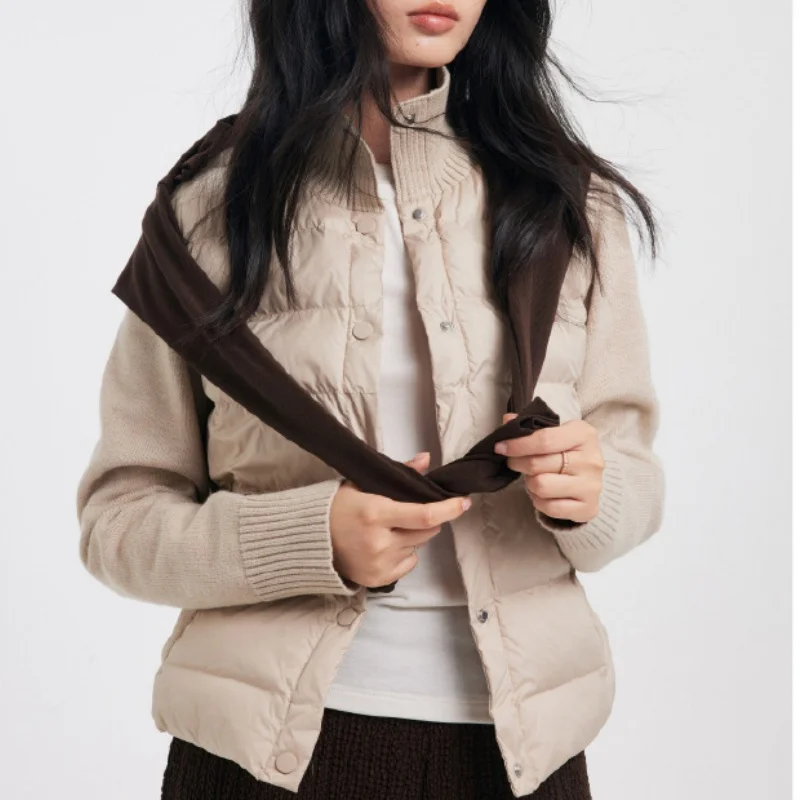 Women's Casual Down Jacket Autumn Winter Short Patchwork Design Top Stand Collar Warm Soft Lightweight Morandi Color Padded Coat
