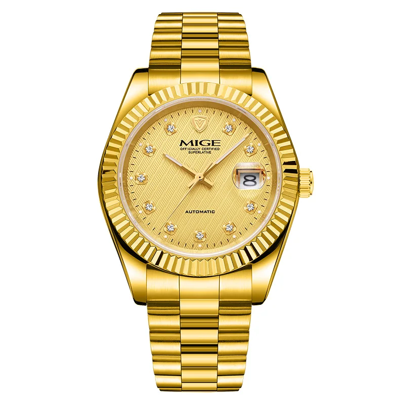 MIGE Classic Luxury, caja/correa de acero inoxidable dorado, reloj con movimiento mecánico completamente automático,