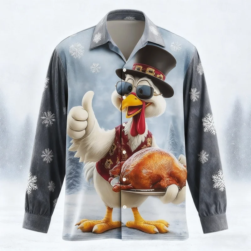 Christmas-Themed Men's 3D Turkey Print Long-Sleeve Comfort Shirt Button-Down Collar Design Holiday Breathable Shirt