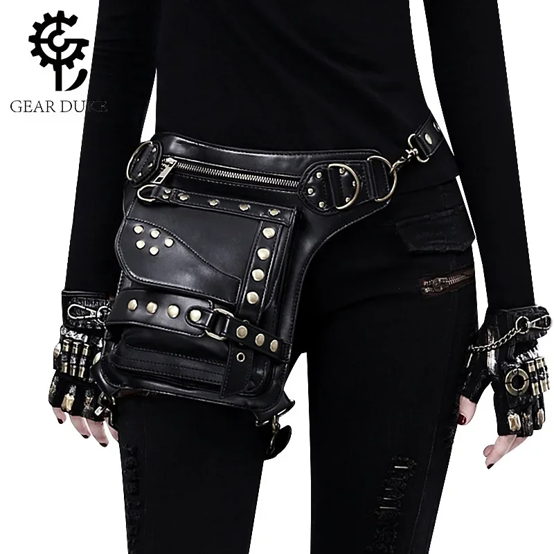 

Riñonera Steampunk para Hombre y Mujer, Bolsa Pierna Gótica con Remaches, Bolsa Motocicleta Retro Cuero PU Gran Capa