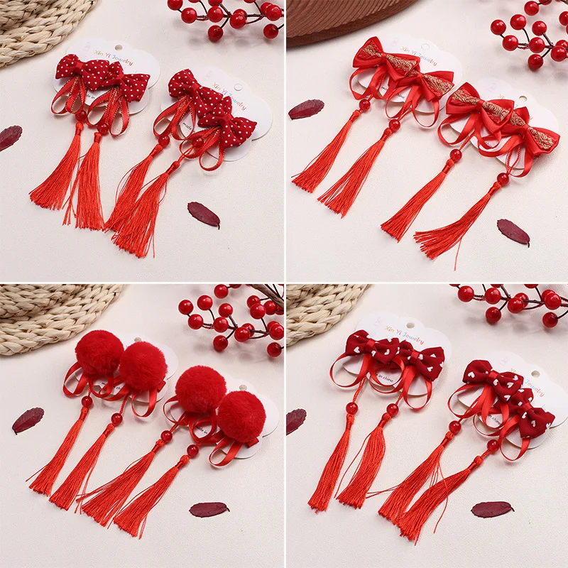 

2pcs New Year Children's Hairpin Chinese Style Red Hairpin Girls' Han Chinese Costume Side Clip Princess Hair Accessory