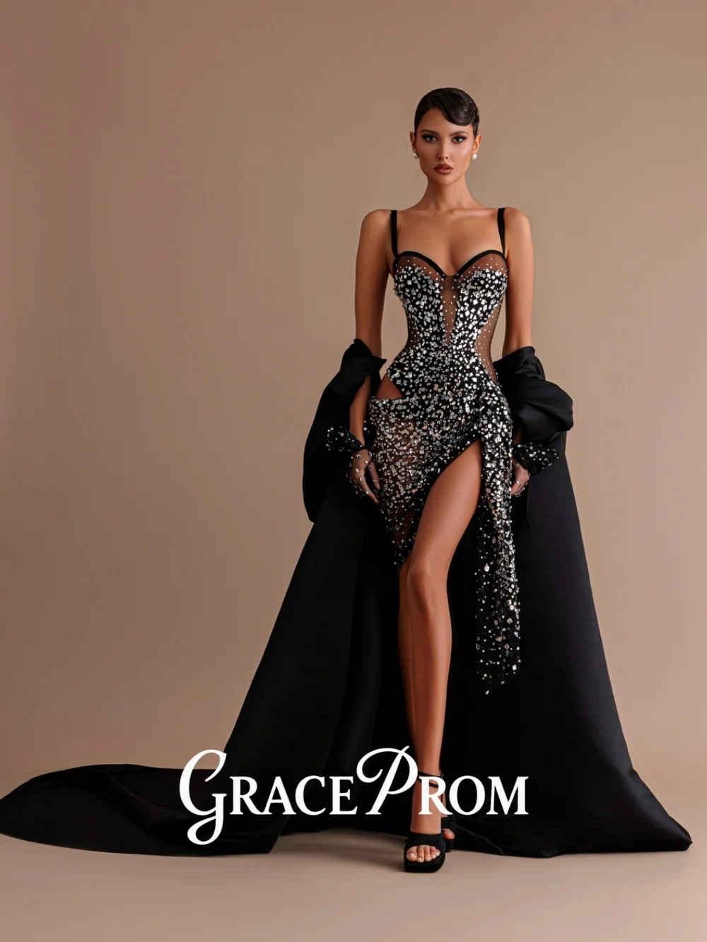 

GraceProm Vintage Spaghetti-Strap Evening Dress 2026 Sequin-Overlay Carpet Gown Captivating Slit Floor-Length Party Gown فسا