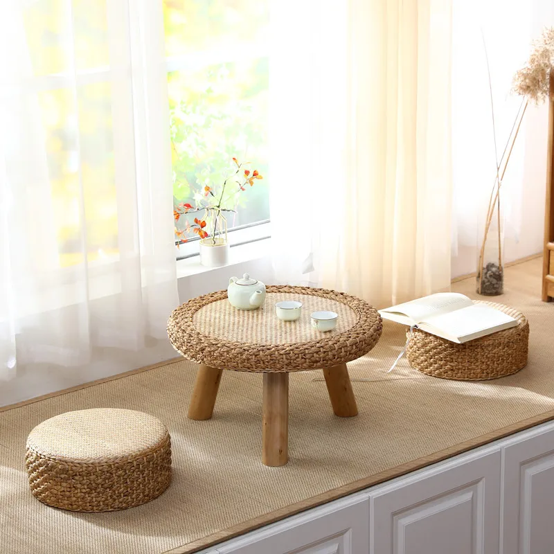

Rattan Tatami Coffee Table Round Kang Table & Woven Stool 3Pcs Set for Living Room Boho Home Decor Natural Japanese Handmade