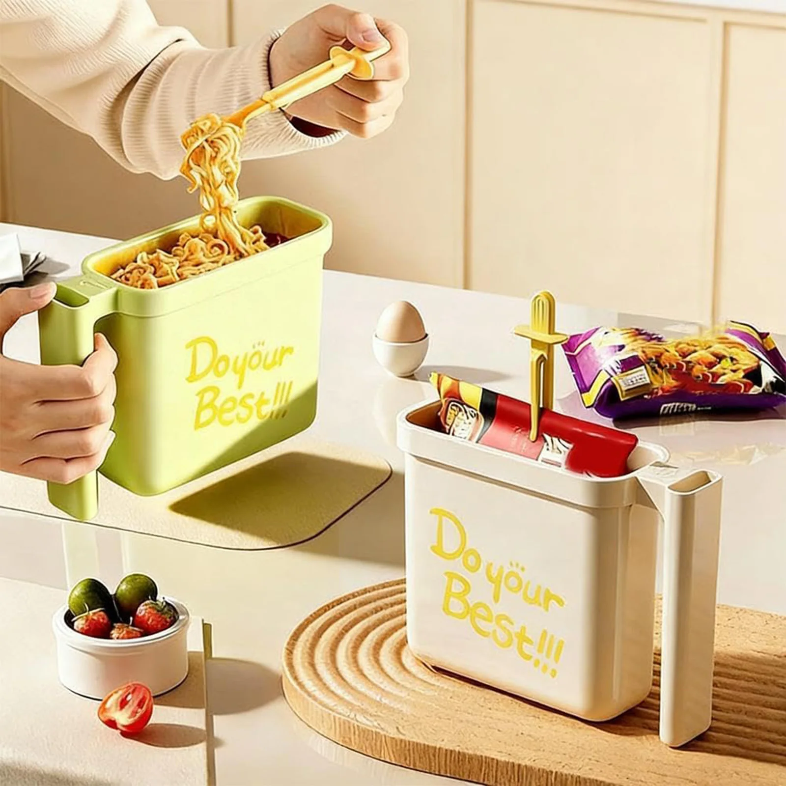 Soporte para tazón de fideos instantáneos de 2 estilos - Taza para ramen de inmersión directa con asa resistente al calor, ventilación de drenaje y almacenamiento para tenedor