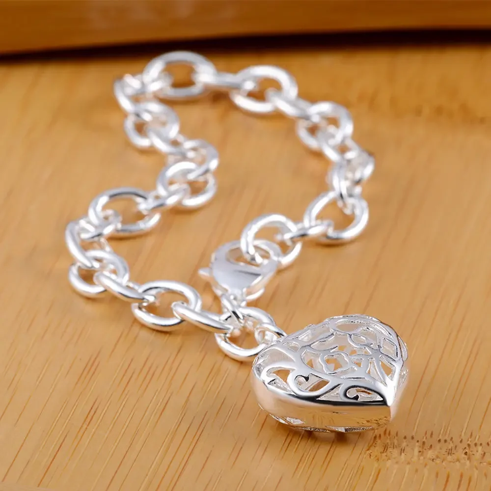 

925 Sterling Silver Hanging Hollow Heart Chain Bracelets for Women Wedding Party Classic Couples Holiday Gifts Fashion Jewelry