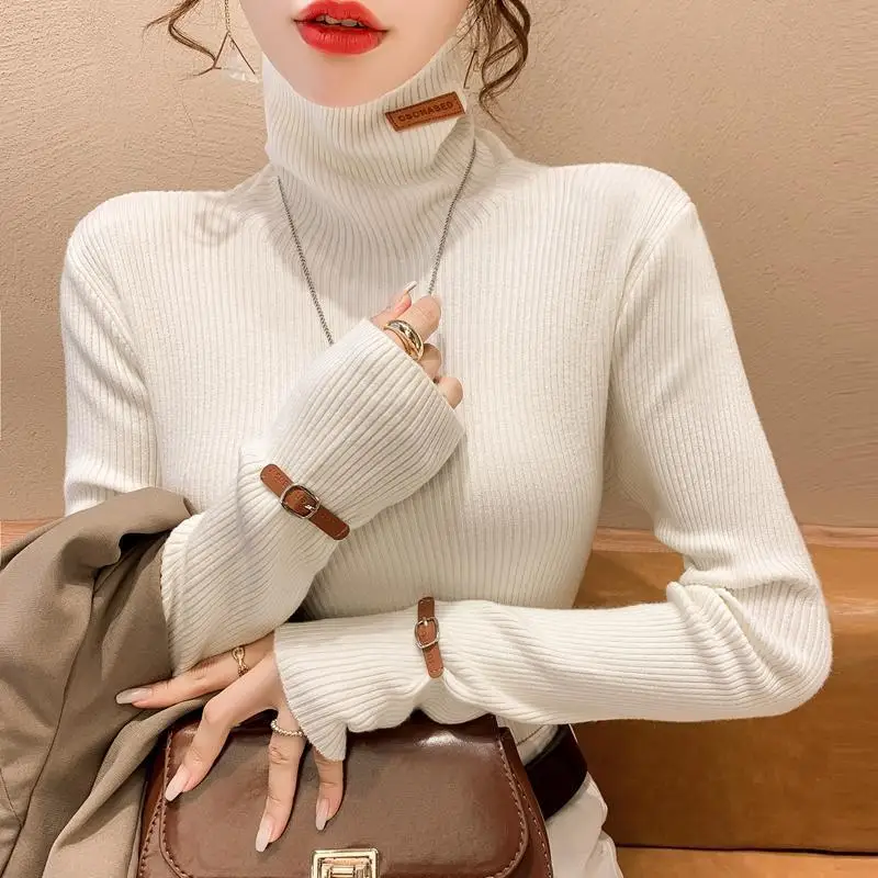 Solid Color Turtleneck Sweater Women's Autumn and Winter 2023 New Fashion Bright Line Decoration Long Sleeved Slim Pullover Tops