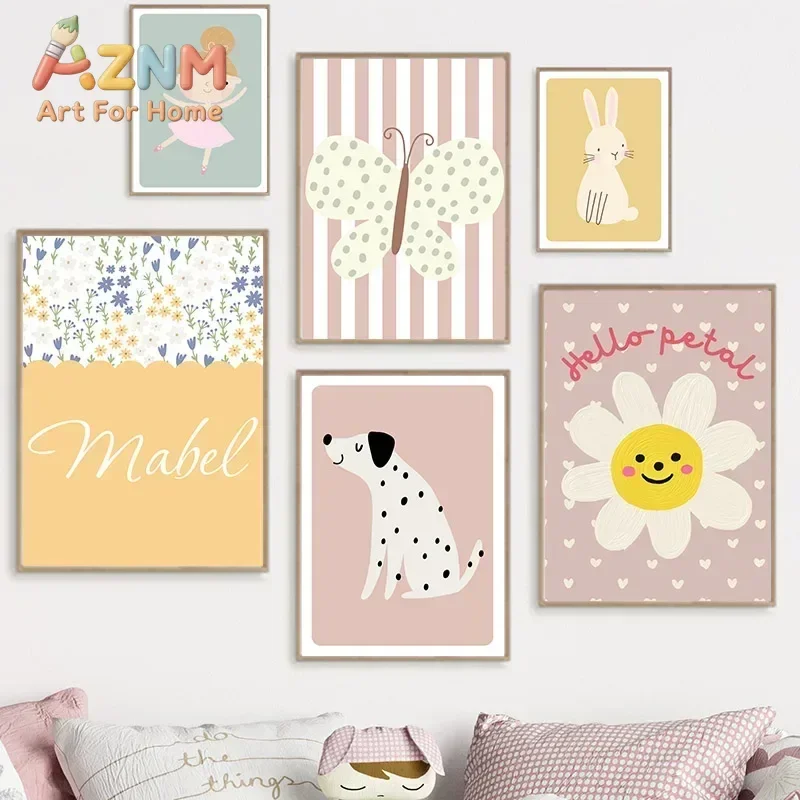 Multi-size 1PC frameless high-definition decorative paintings,Cute Girl Butterfly Dog Flower Face Bunny Cartoon Nursery Wall Art
