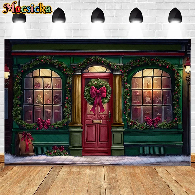 

Wintertime Green Shop Photography Backdrops Baby Girl Photocall Props Christmas Red Bow Family Portrait Background Photo Studio