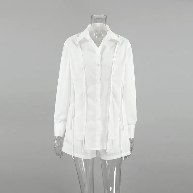 2-teiliges Damen-Set mit weißem Schlitz, langärmelig, zum Binden, Schnürung, Hemd, Quaste, langärmelig, Revers, einreihig, Shorts, Hosen, Anzüge, Pendler