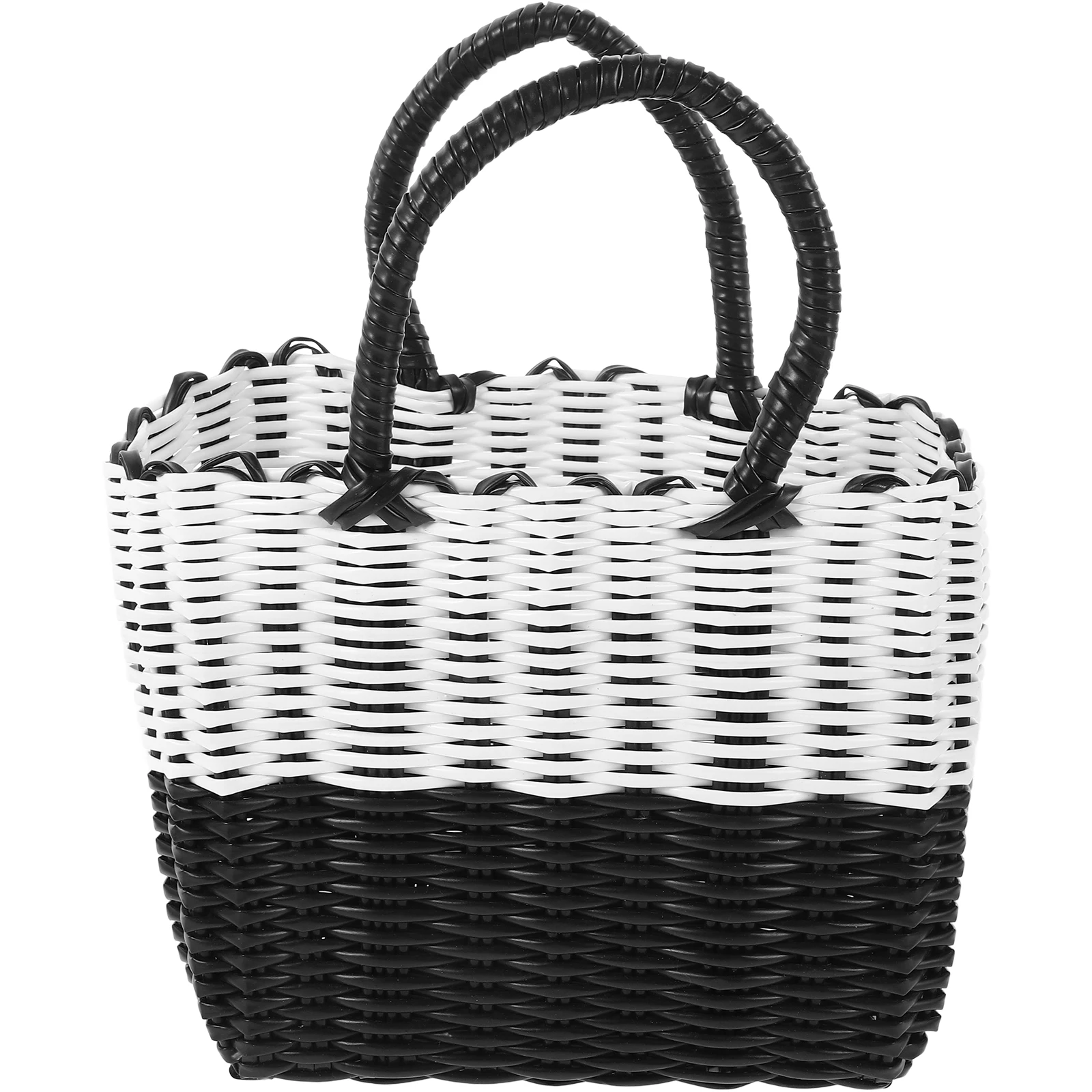 

Handwoven Storage Basket Black White Small Size Picnic Fruit Vegetable Woven Durable Plastic Handle Rural Decorative Storage