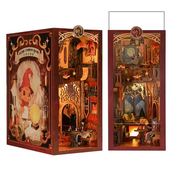 

Cutebee 3D Wooden Puzzle Diy Magic Series Dollhouse Suit Flame Common Room Book Nook Kit With LED Light and Dust Cover