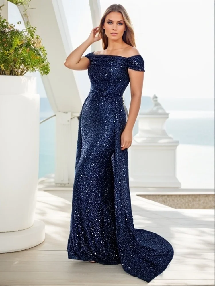 Romagic Navy Blue Slash Neck Off the Shoulder Prom Gown Dress Sequin Detachable Train Mermaid Evening Party Dresses Cocktail