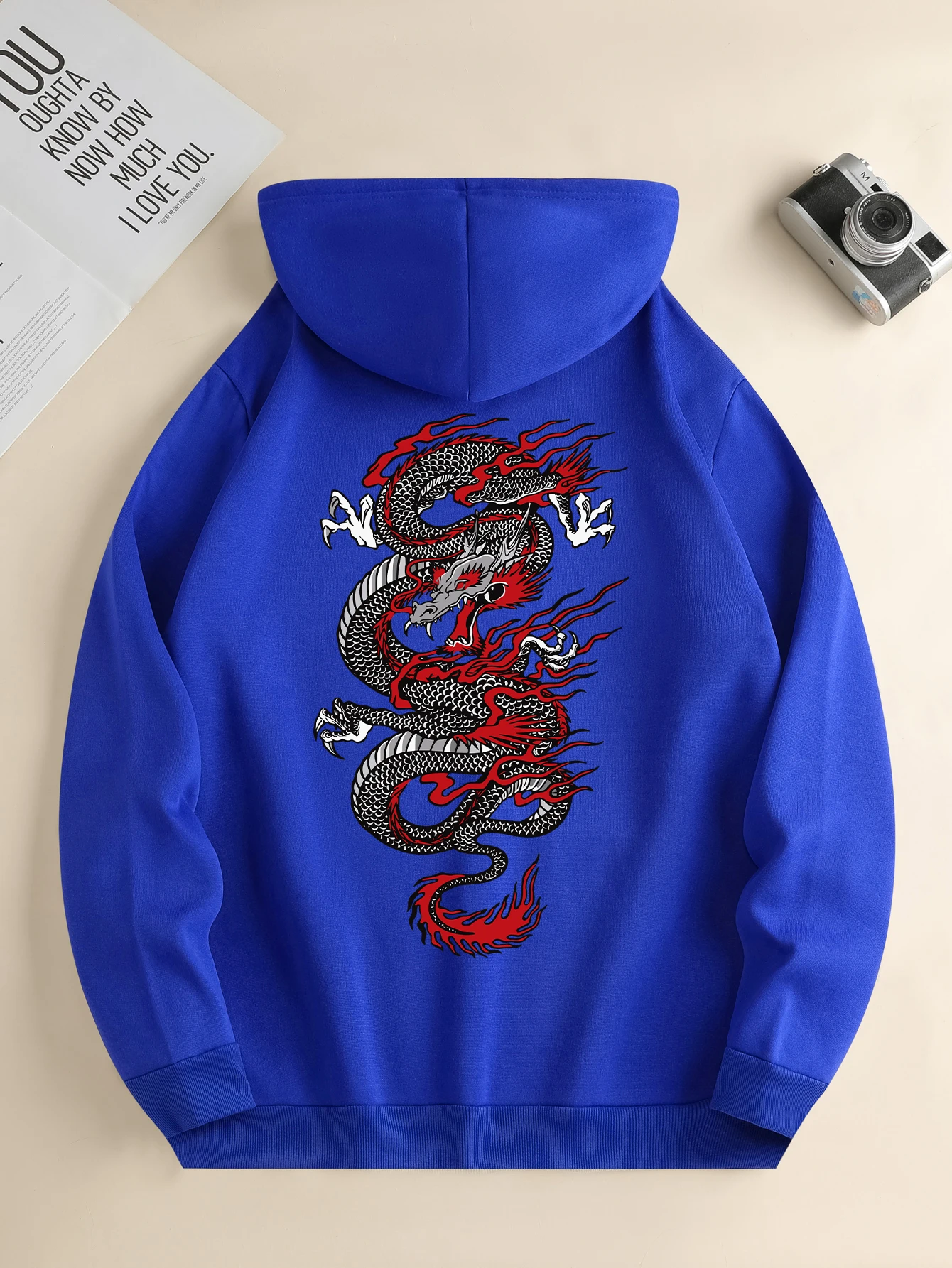 Men\'s new fashion hoodie, casual daily drawstring hooded sweatshirt dragon print, front kangaroo pocket, men\'s jacket