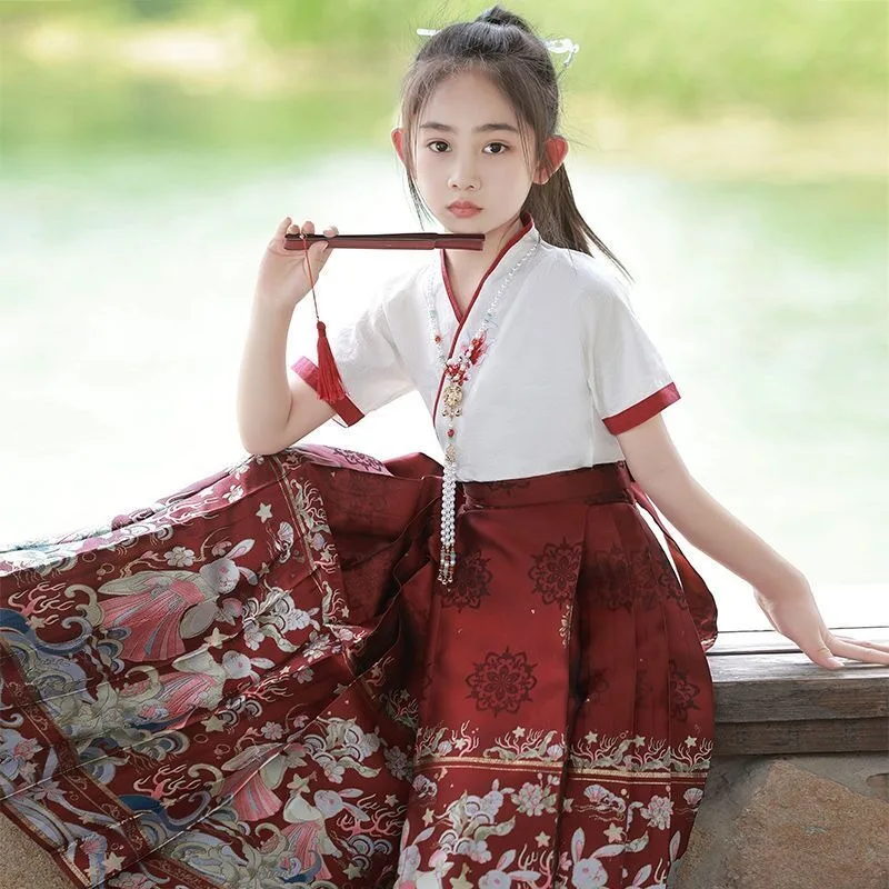 2024 Chinese Traditional Costume Horse Face Skirt for Girls Summer Childrens Ancient Clothing Hanfu Suit National Style Daily