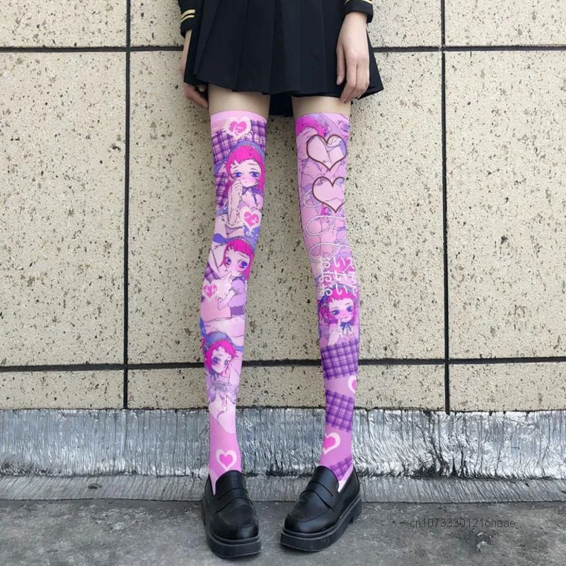 Anime Printed Y2k Japanese Style Silk Socks Thin Women\'s Spring and Autumn Lolita Cute Cartoon Knee Length White Velvet Socks