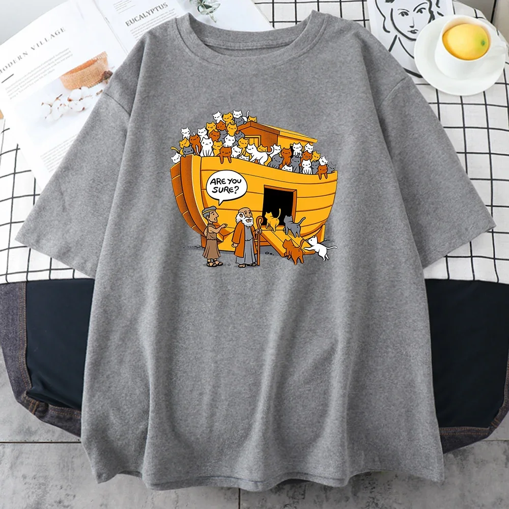Funny Noahs Ark Full of Cats Meme Graphic Unisex T‑Shirt Are You Sure Cartoon Humor Print Crew Neck Short Sleeve Casual Summer