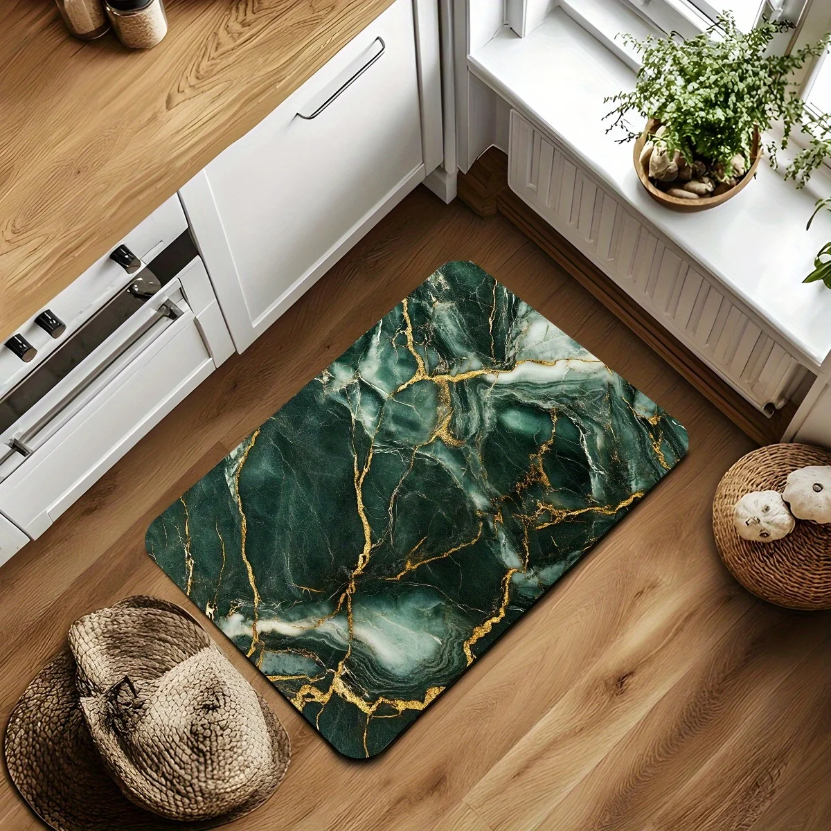 

VIKAMA Luxury Stone Pattern Kitchen Rug Dark Green Water Absorbent Kitchen Window Sill Entrance Hall Home Decor