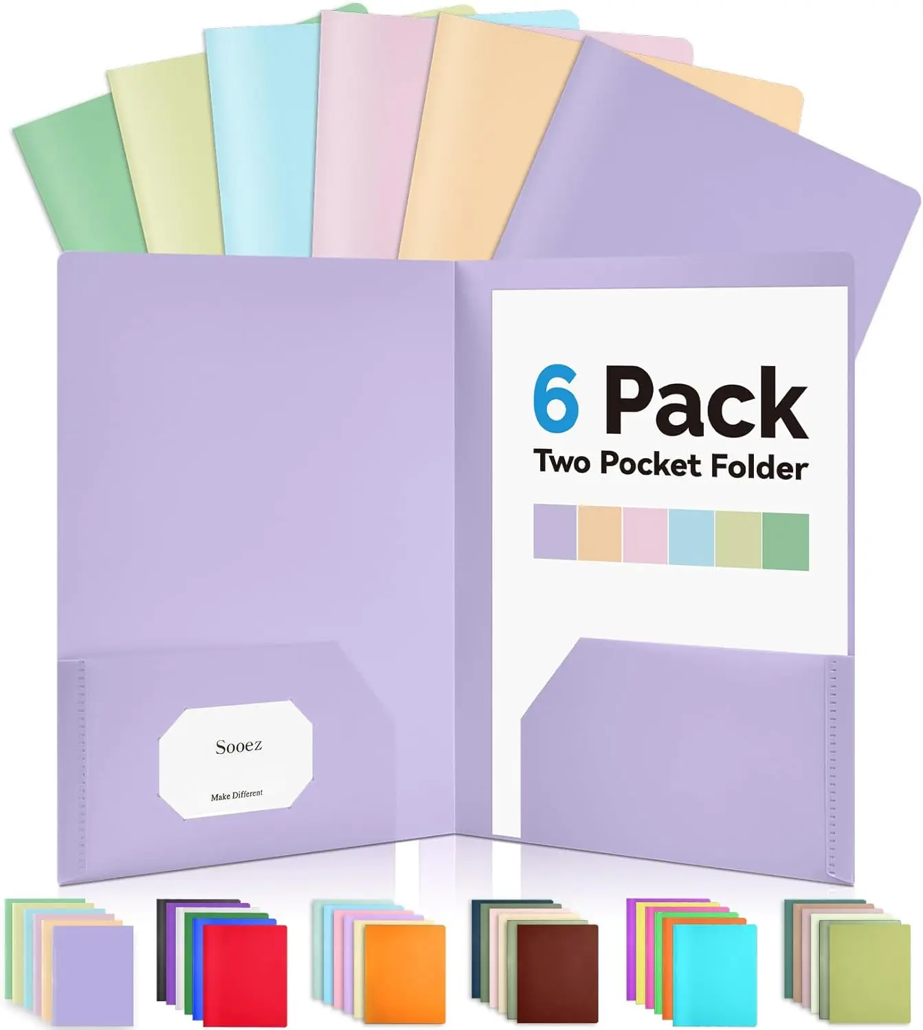 

6 Pack Pastel Plastic Folders with Pockets, Heavy Duty 2-Pocket File Folders for School Office Supplies