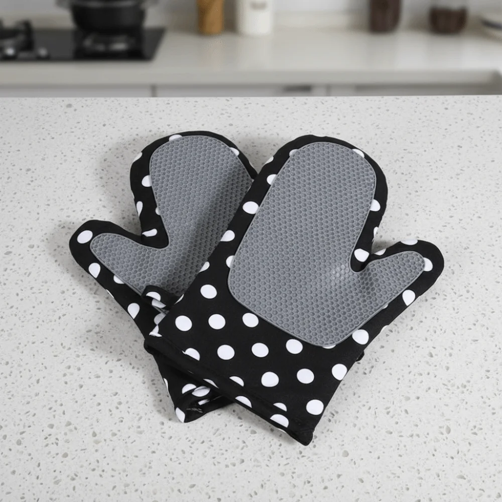 1 Pair Silicone Pad Design Kitchen Microwave Gloves Cotton Lining Non-slip Oven Gloves Anti Scalding Heat-resistant Baking Mitts - view 2