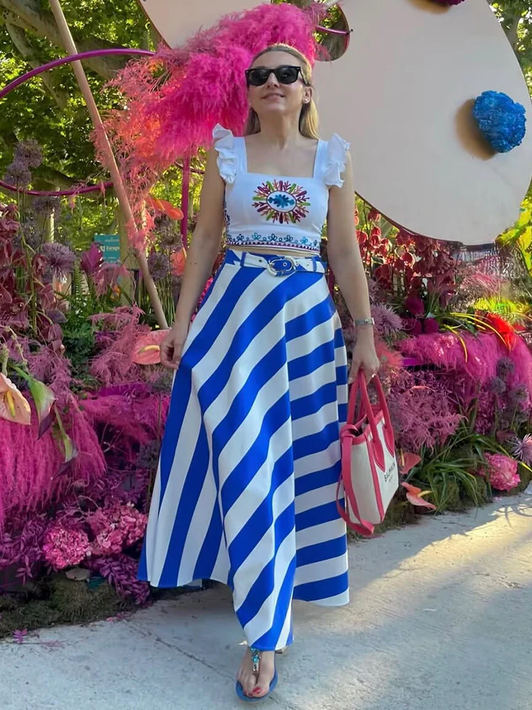 Elegant Women Striped Belt Skirt Chic Contrasting Colors Casual A-Line Skirt 2026 Summer Fashion Ladies Holidays Midi Skirts